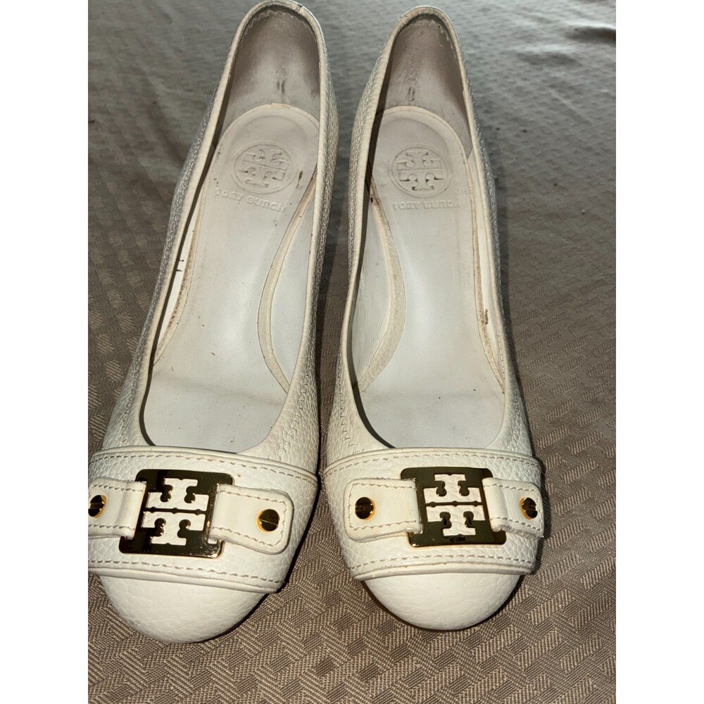 Tory Burch Natalya Leather Wedge Shoes Cream Off White Size 6M Gold Logo